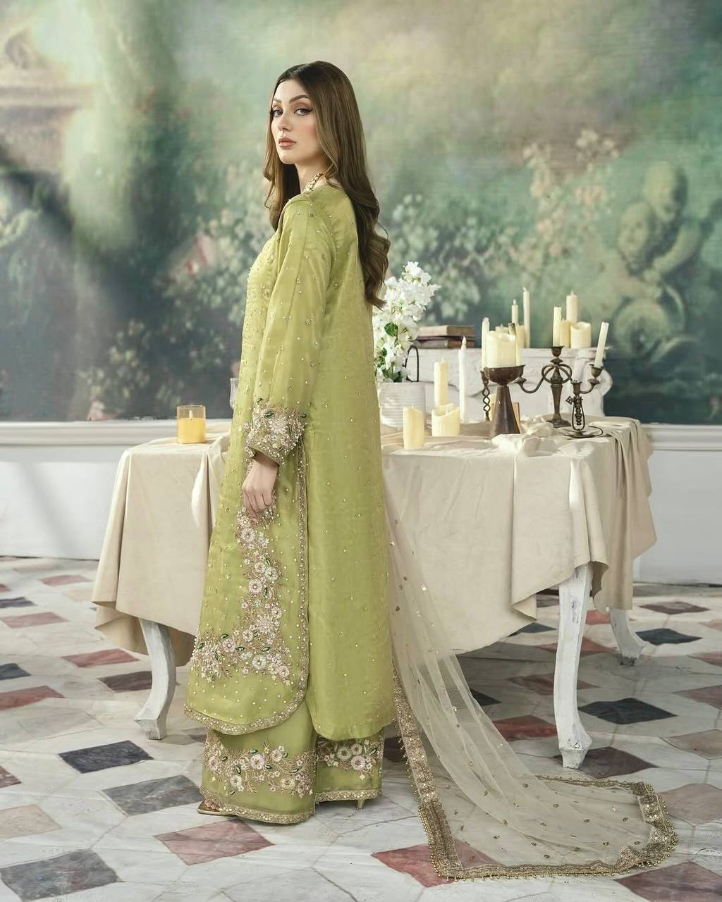 Pista Designer Party Wear Chinon Silk Plazzo Set – Exquisite Embroidery & Handwork