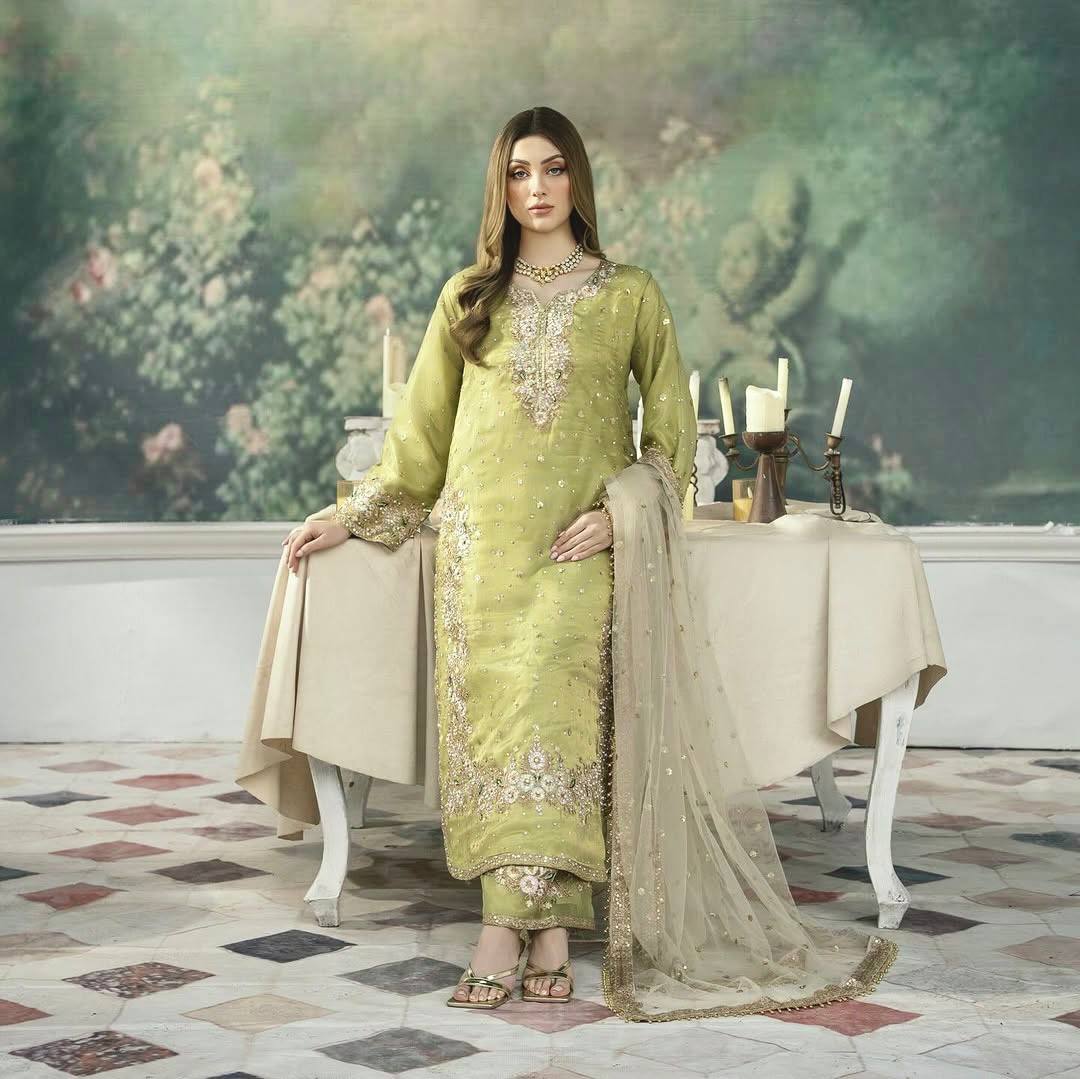 Pista Designer Party Wear Chinon Silk Plazzo Set – Exquisite Embroidery & Handwork