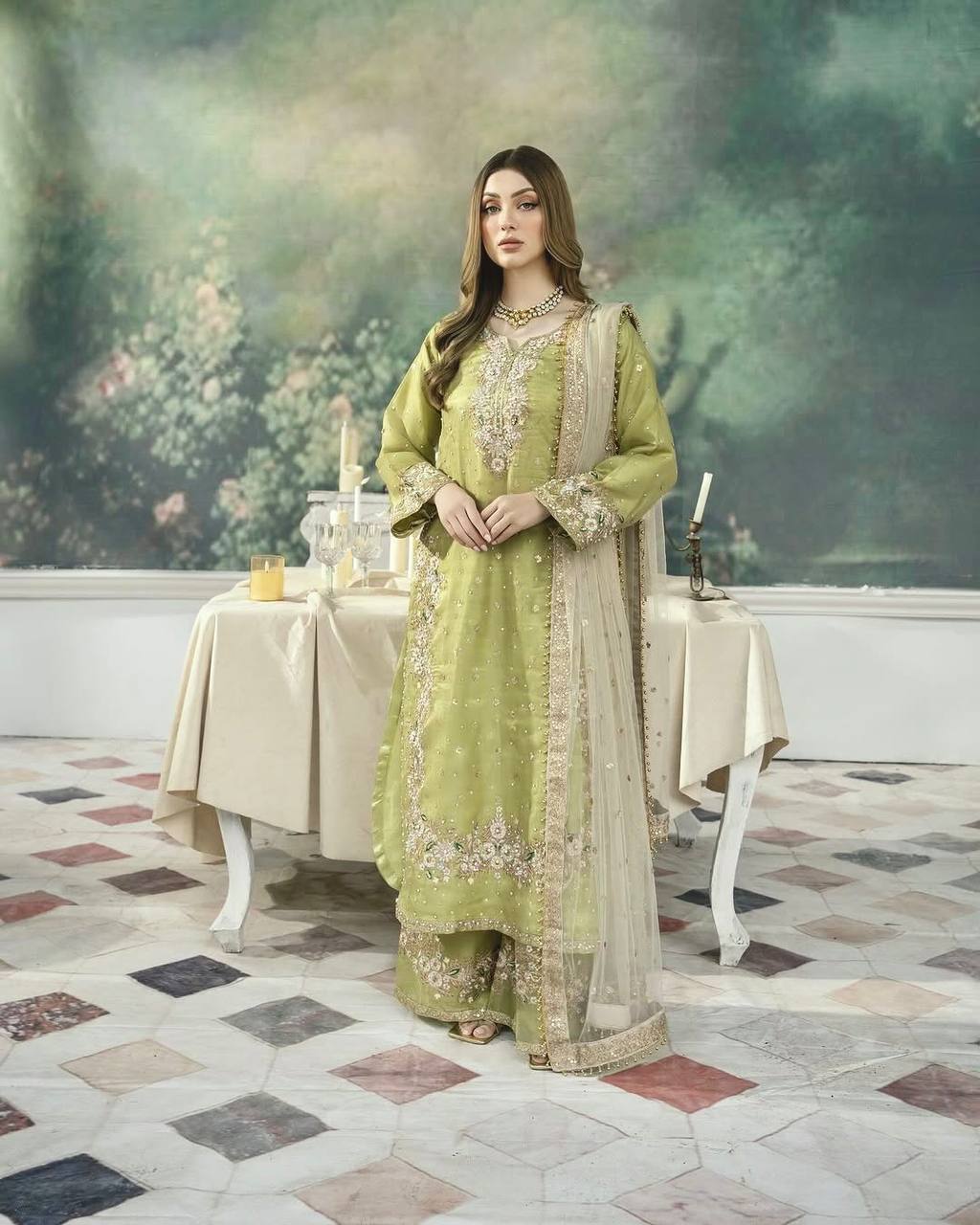 Pista Designer Party Wear Chinon Silk Plazzo Set – Exquisite Embroidery & Handwork