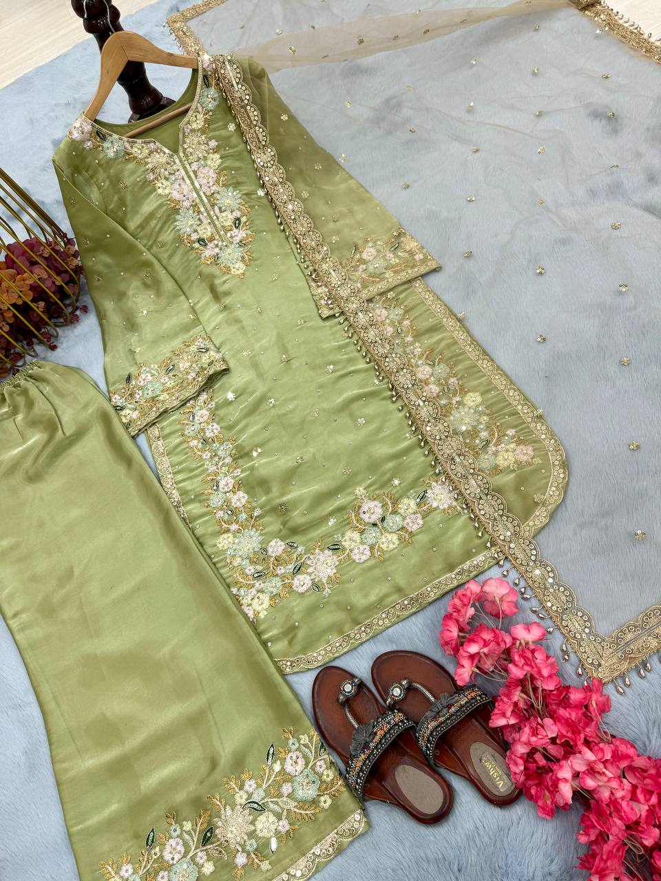 Pista Designer Party Wear Chinon Silk Plazzo Set – Exquisite Embroidery & Handwork