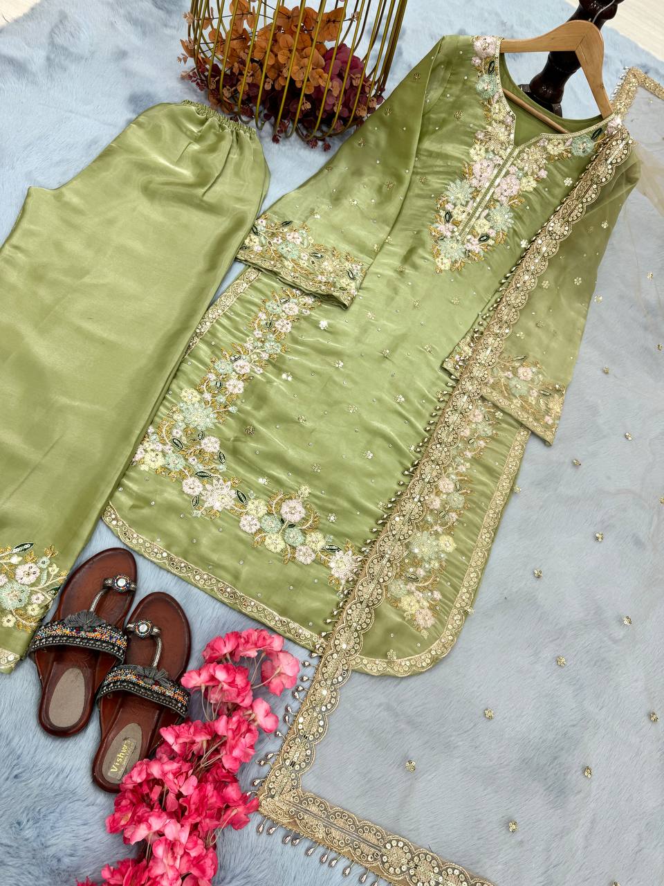 Pista Designer Party Wear Chinon Silk Plazzo Set – Exquisite Embroidery & Handwork