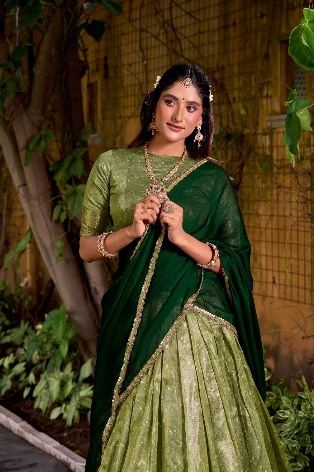 Pista Elegant Dupion Silk Stitched Lehenga with Zari Weaving Work, Unstitched Blouse & Zari Shimmer Dupatta