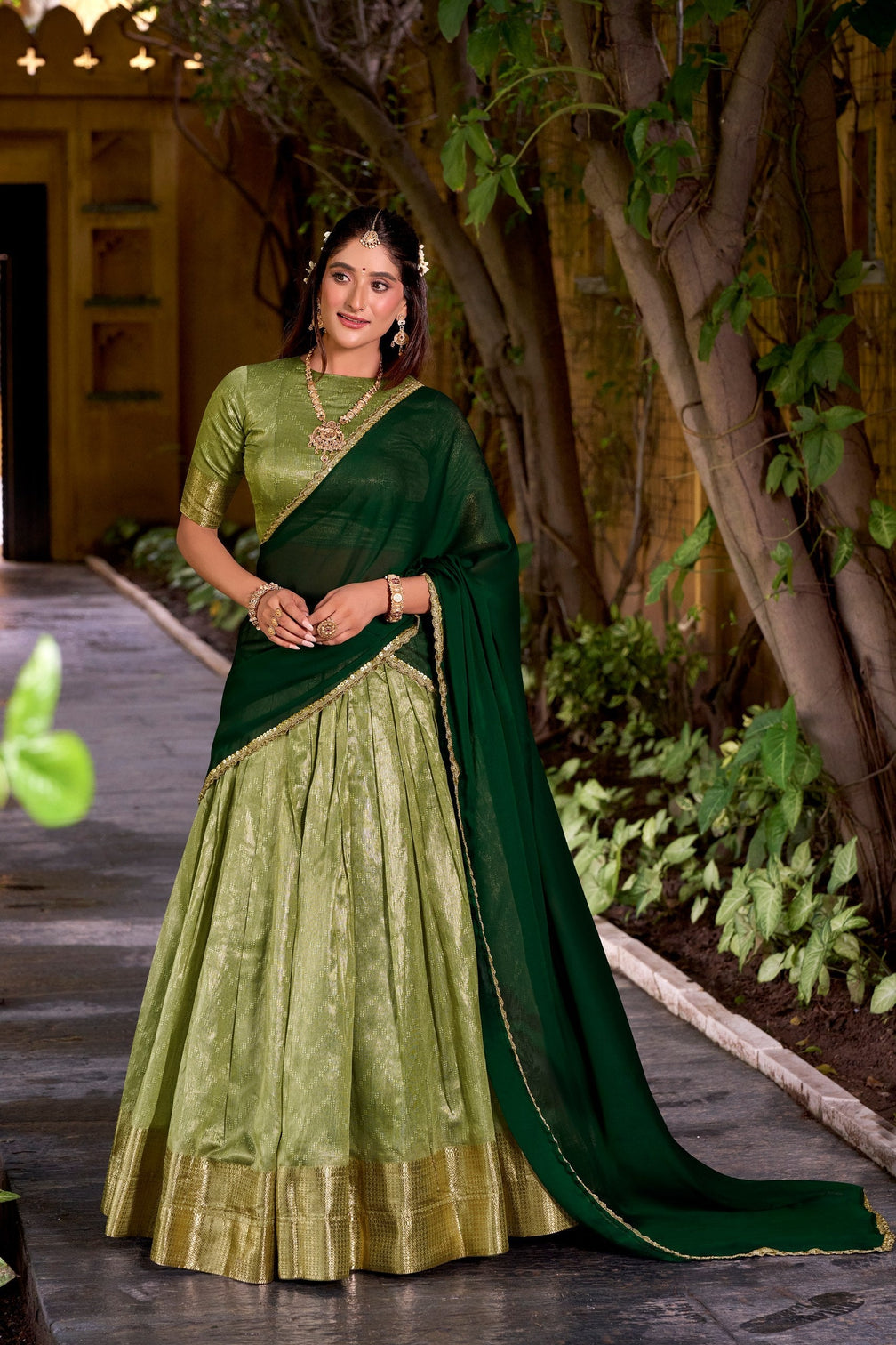 Pista Elegant Dupion Silk Stitched Lehenga with Zari Weaving Work, Unstitched Blouse & Zari Shimmer Dupatta
