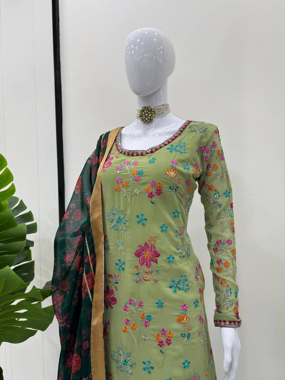 Pista Elegant Faux Georgette Plazo Set with Dupatta – Thread & Sequin Work