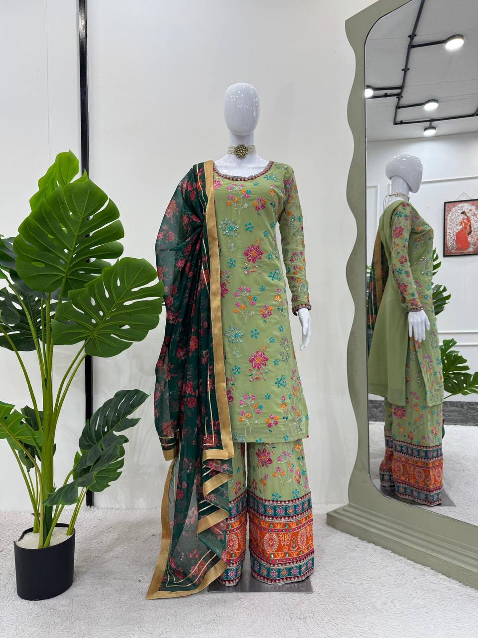 Pista Elegant Faux Georgette Plazo Set with Dupatta – Thread & Sequin Work