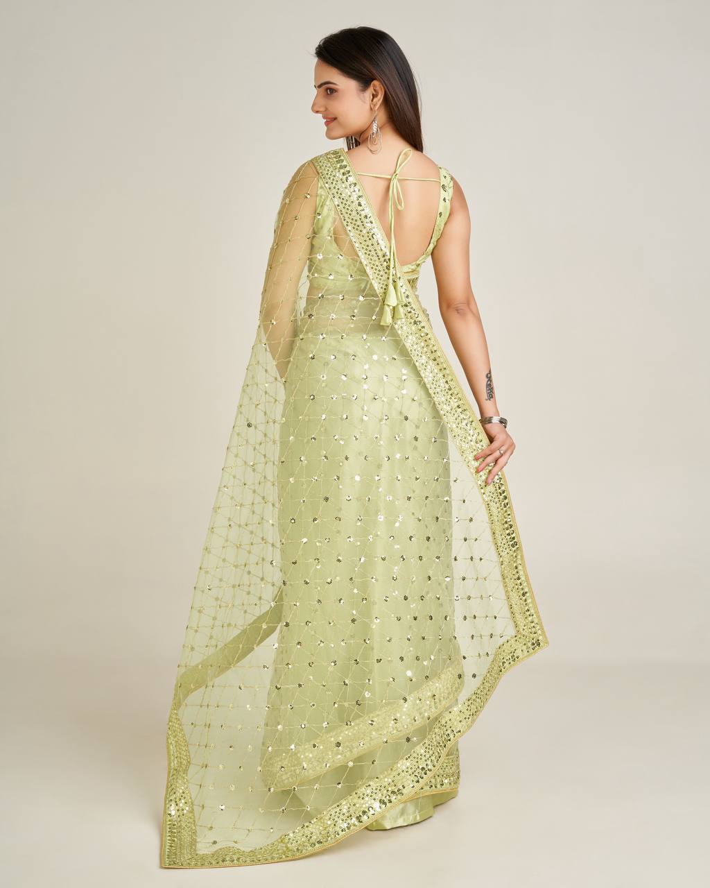 Pista Elegant Net Saree with Sequins & Dori Work and Banglori Silk Blouse