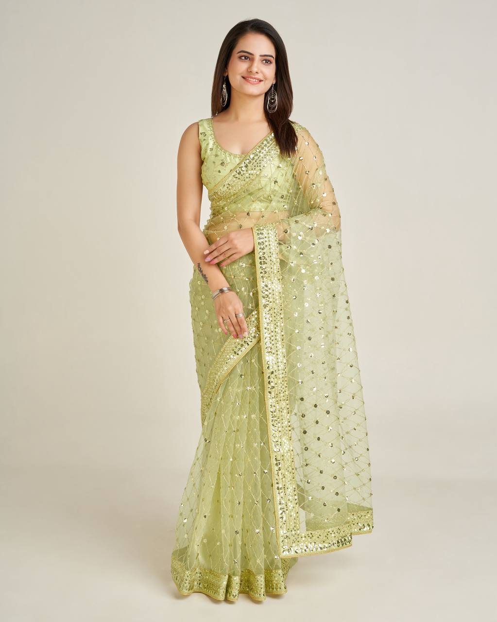 Pista Elegant Net Saree with Sequins & Dori Work and Banglori Silk Blouse