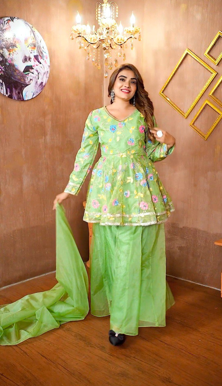 Pista Green Elegant Organza Top with Sequins, Handprint & Zari, Paired with Fully Stitched Organza Palazzo and Dupatta – Ready to Wear Ethnic Set