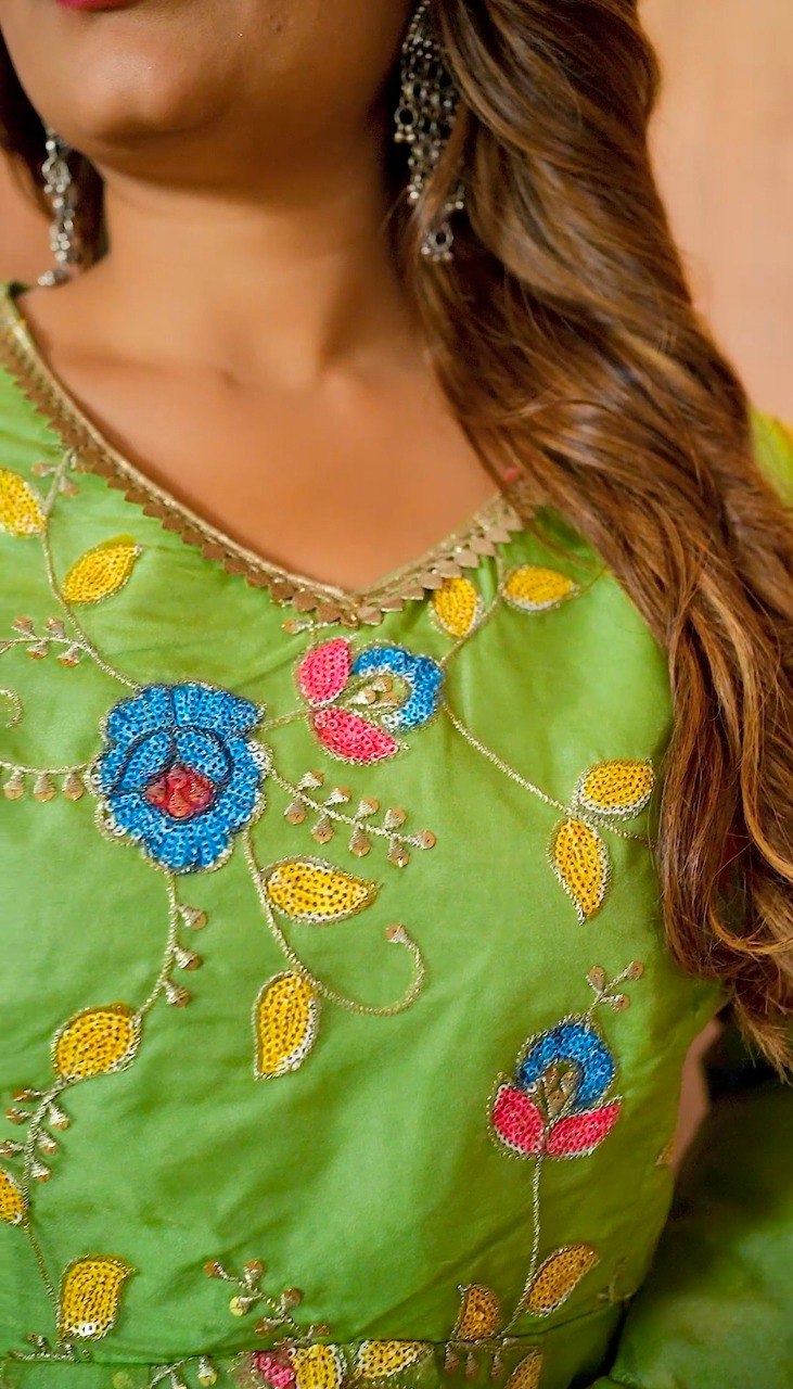 Pista Green Elegant Organza Top with Sequins, Handprint & Zari, Paired with Fully Stitched Organza Palazzo and Dupatta – Ready to Wear Ethnic Set