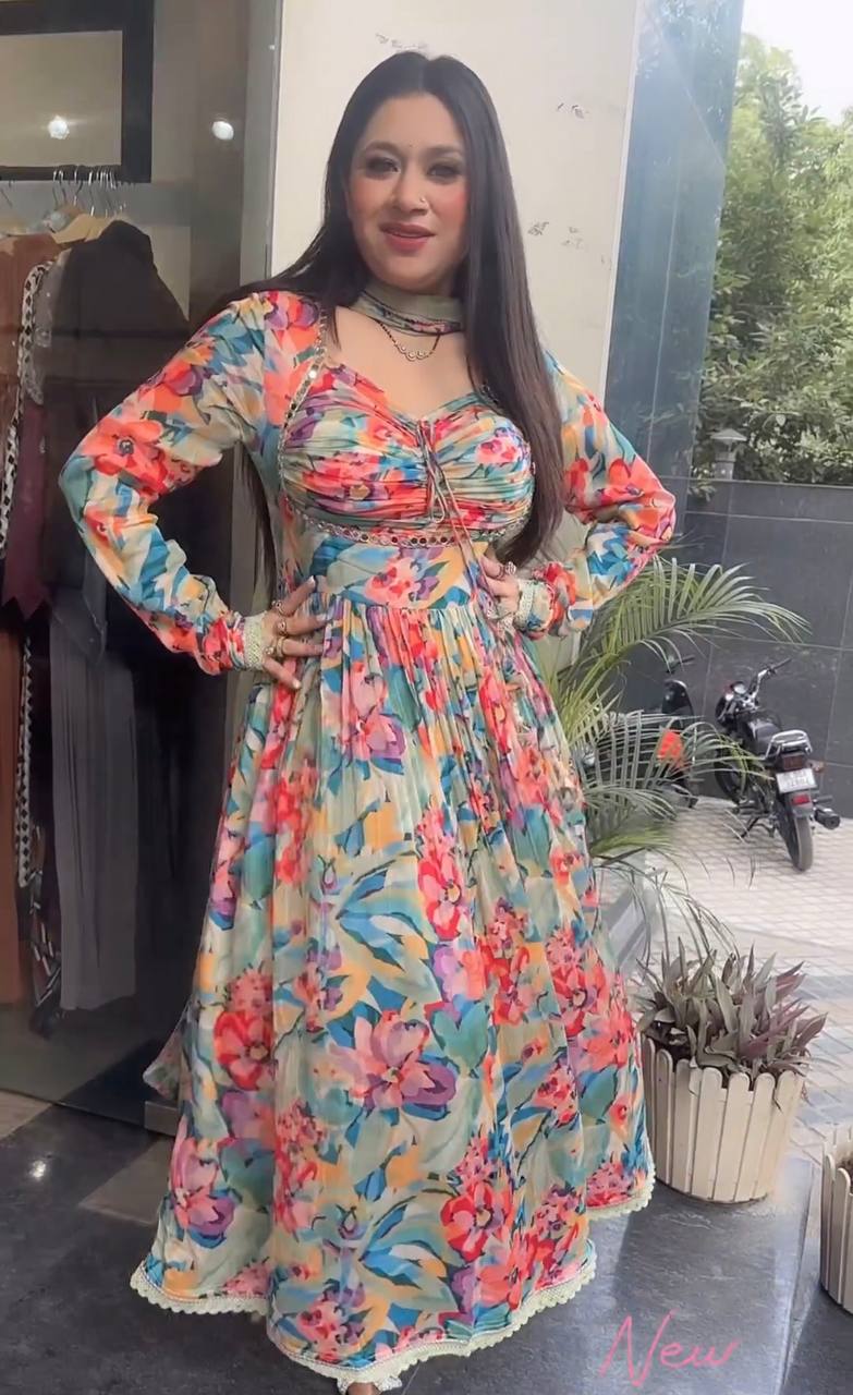 Pista Elegant Padded Naira Cut Chinon Silk Printed Dress with Dupatta – Perfect for Festive and Party Wear