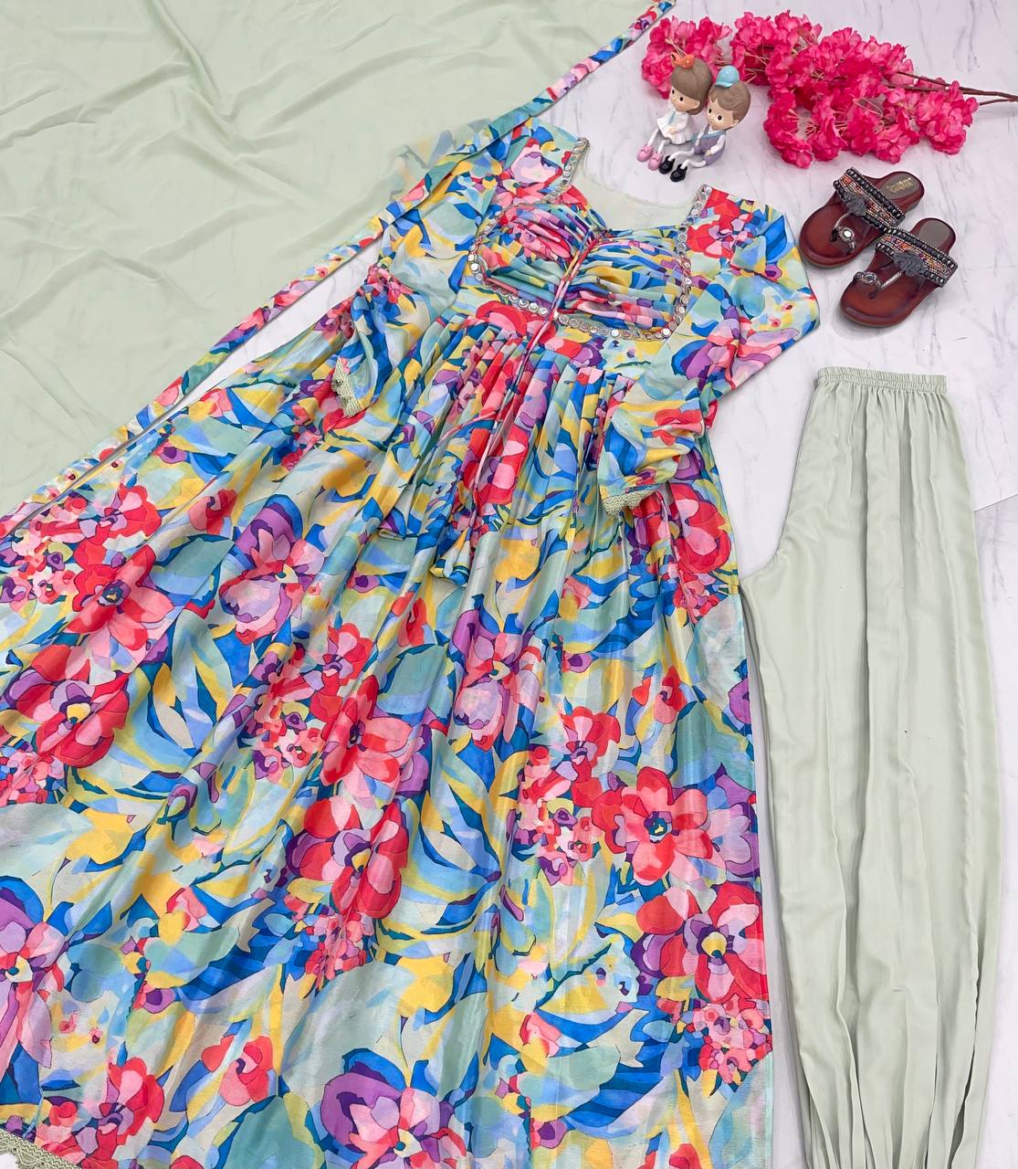 Pista Elegant Padded Naira Cut Chinon Silk Printed Dress with Dupatta – Perfect for Festive and Party Wear
