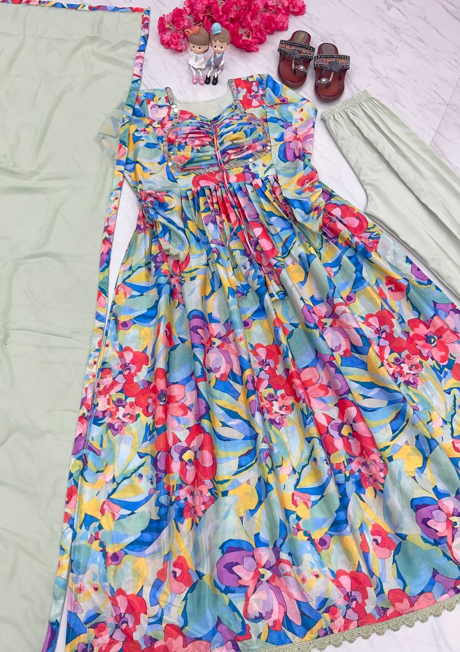 Pista Elegant Padded Naira Cut Chinon Silk Printed Dress with Dupatta – Perfect for Festive and Party Wear
