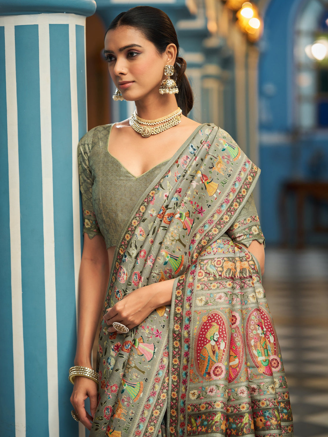 Pista Elegant Pashmina Kashmiri Jacquard Saree with Kalamkari & Meenakari Weaving