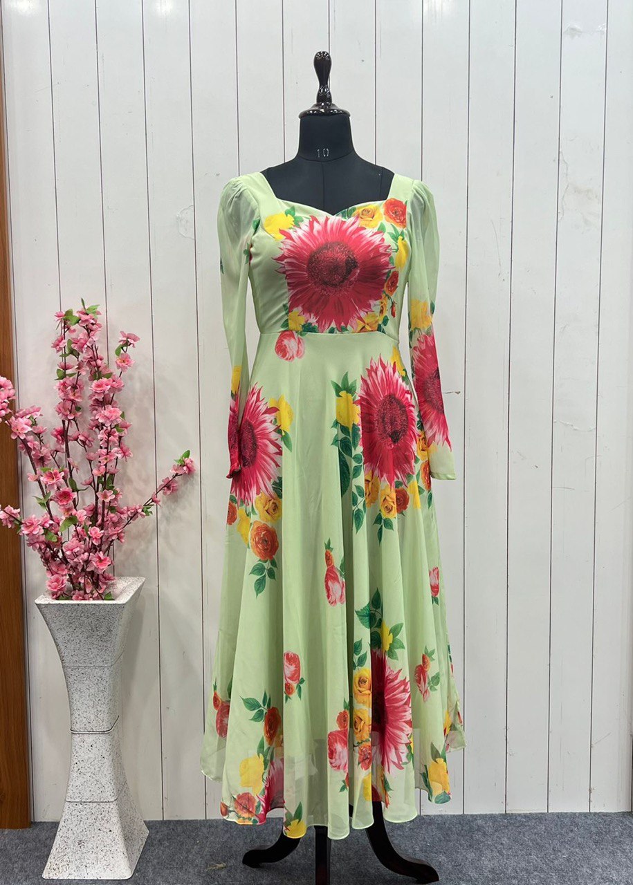 Pista Elegant Pure Soft Fox Georgette Floral Churidar Gown Set with Dupatta – Ready to Wear