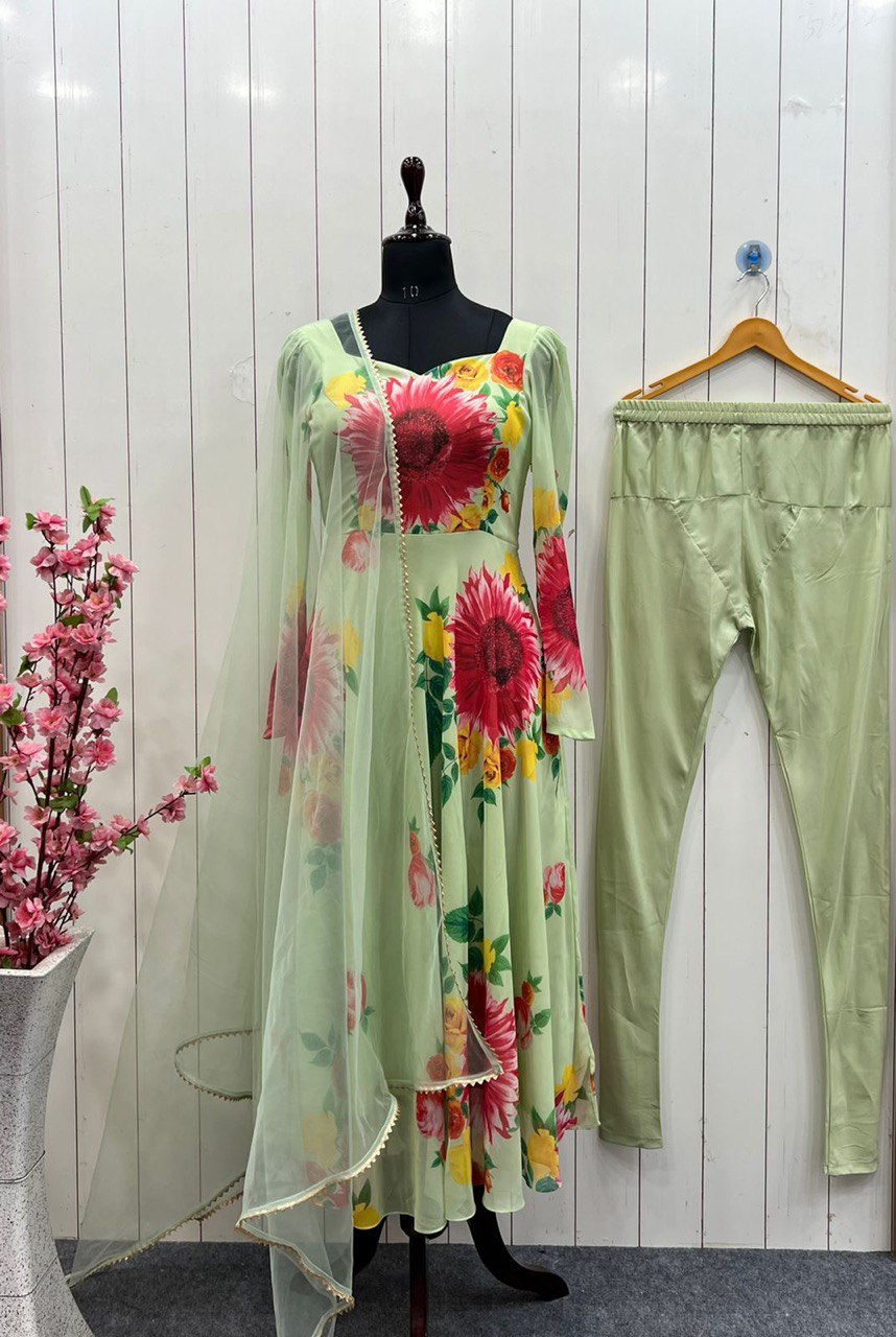 Pista Elegant Pure Soft Fox Georgette Floral Churidar Gown Set with Dupatta – Ready to Wear