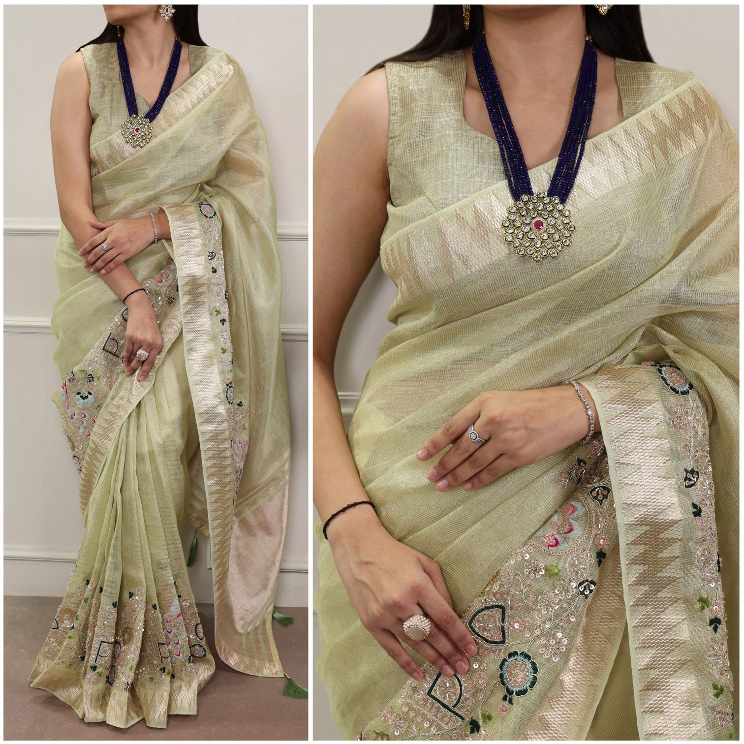 Pista Elegant Zari Kota Tissue Saree with Embroidery Beads Work & Zari Weaving Border, Matching Unstitched Blouse – Festive & Traditional Wear
