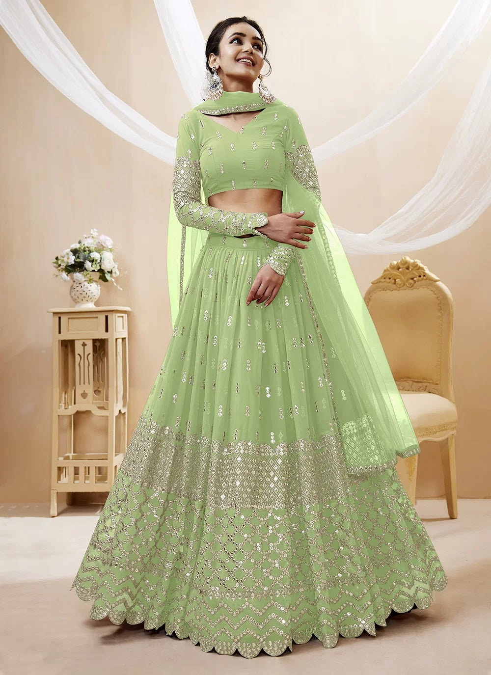 Pista embroidered georgette indian party lehenga
