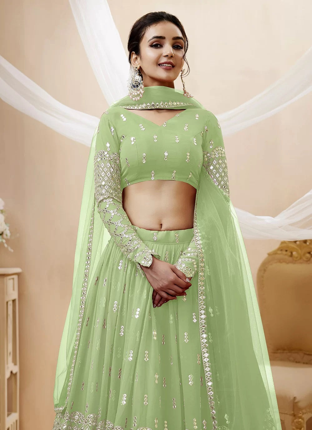 Pista embroidered georgette indian party lehenga
