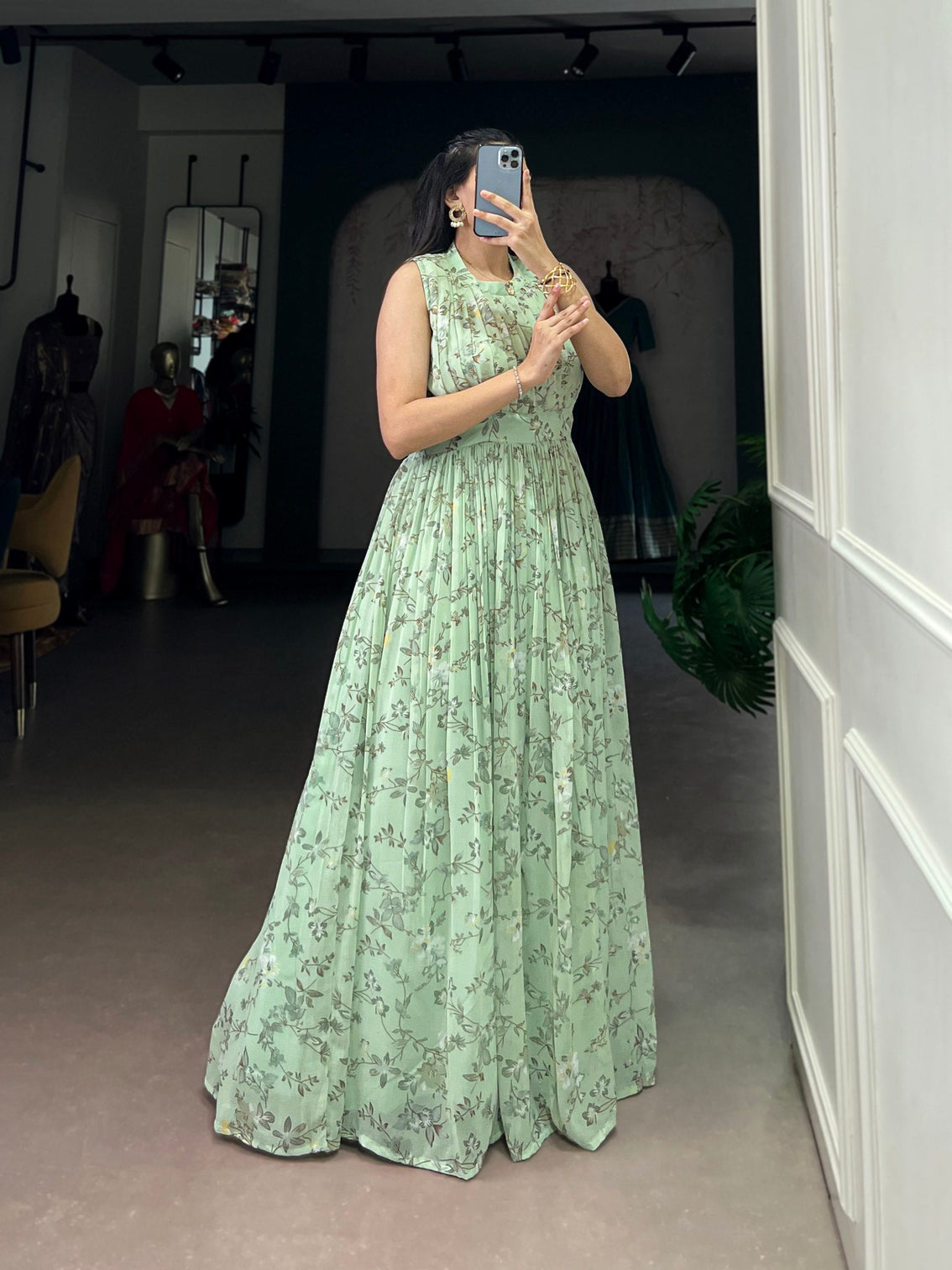 Pista Floral Printed Weightless Marbal Long Dress with 3.40 Meter Flair, Silk Lining & Drawstring Zip Closure – Fully Stitched Casual & Party Wear