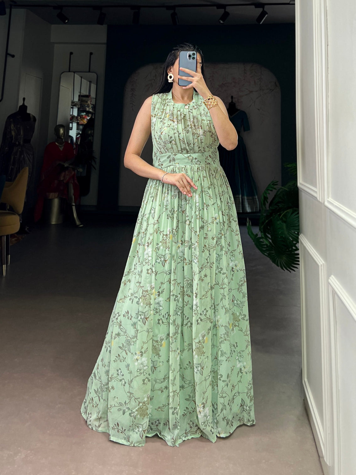 Pista Floral Printed Weightless Marbal Long Dress with 3.40 Meter Flair, Silk Lining & Drawstring Zip Closure – Fully Stitched Casual & Party Wear