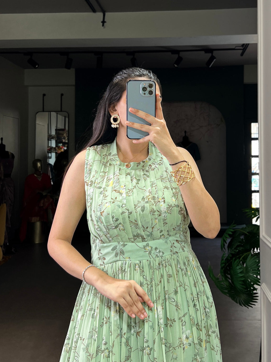 Pista Floral Printed Weightless Marbal Long Dress with 3.40 Meter Flair, Silk Lining & Drawstring Zip Closure – Fully Stitched Casual & Party Wear