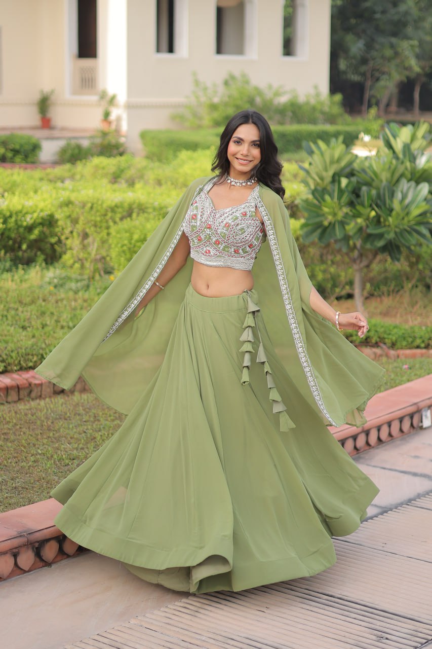 Pista Georgette Lehenga Choli with Shrug