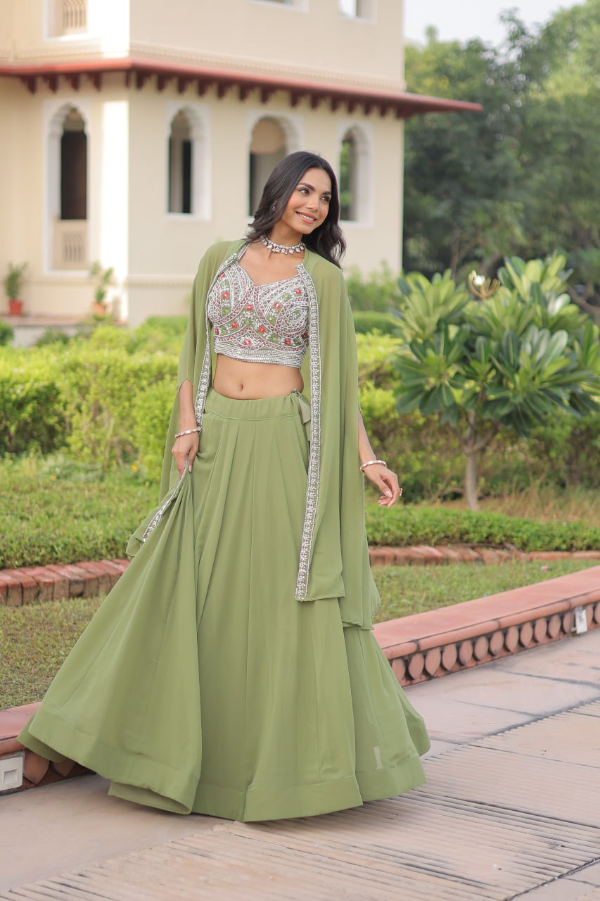 Pista Georgette Lehenga Choli with Shrug