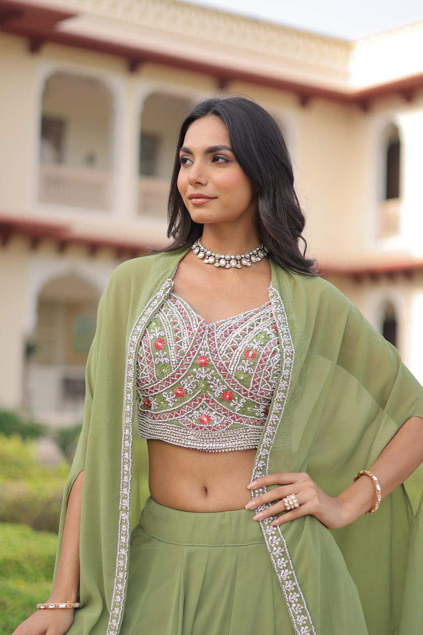 Pista Georgette Lehenga Choli with Shrug