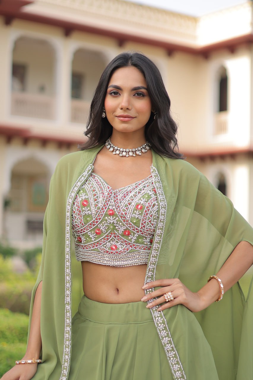 Pista Georgette Lehenga Choli with Shrug