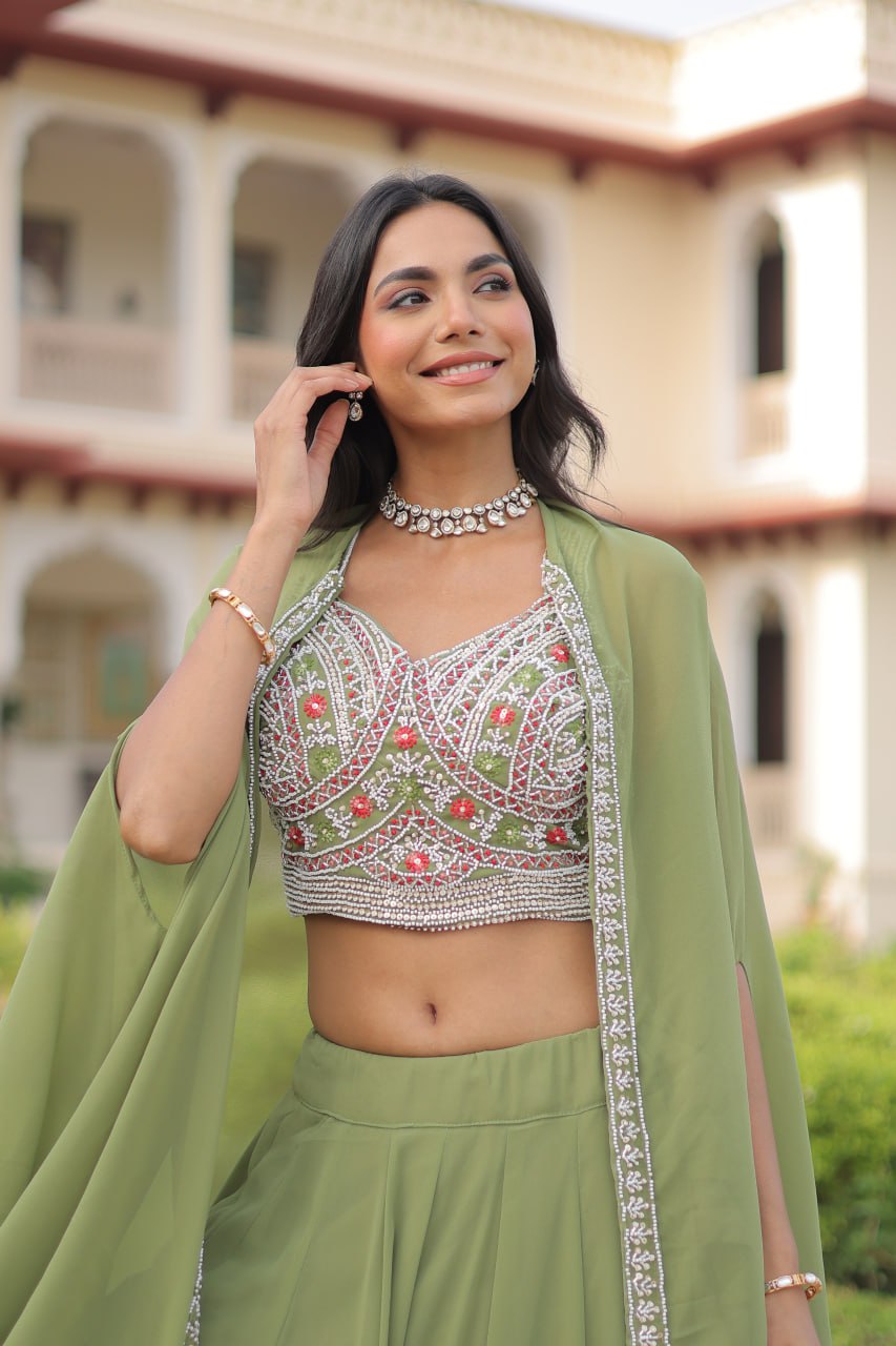 Pista Georgette Lehenga Choli with Shrug