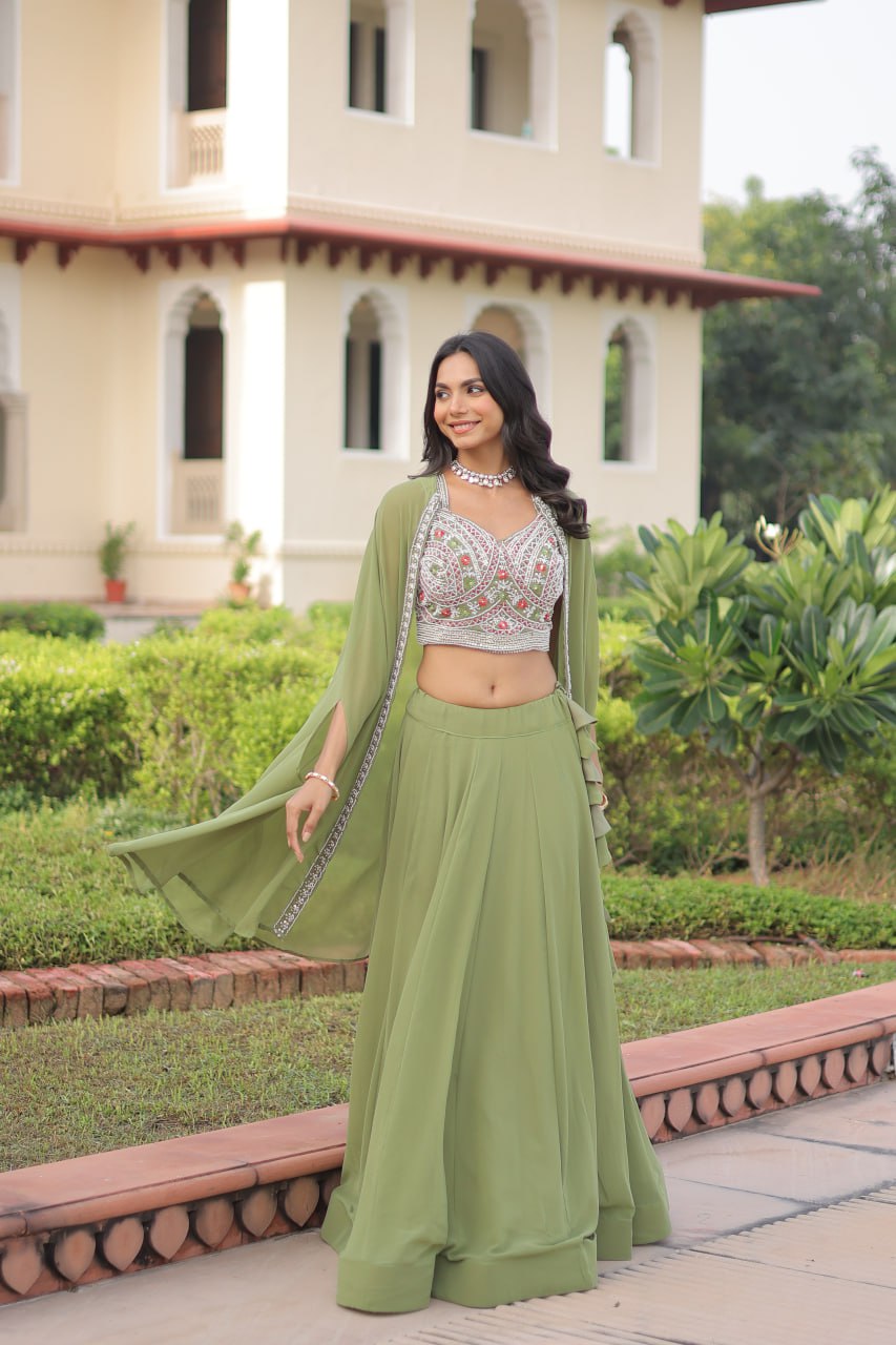 Pista Georgette Lehenga Choli with Shrug