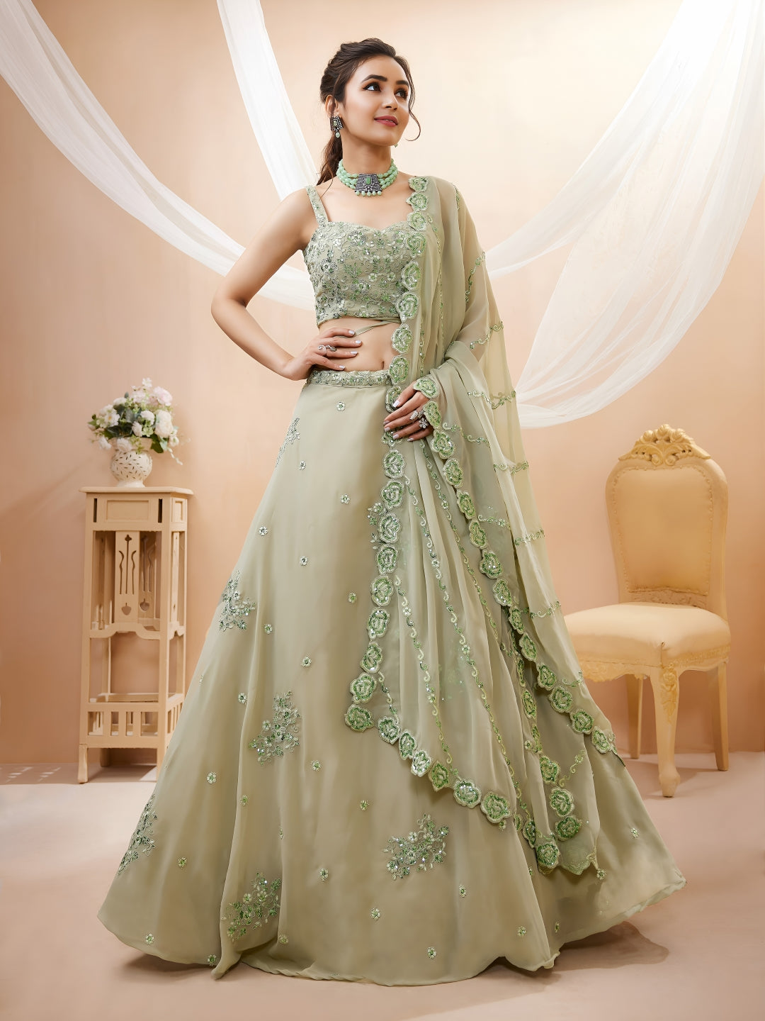 Georgette Zari, Sequin & Dori Embroidered Semi-Stitched Lehenga Choli