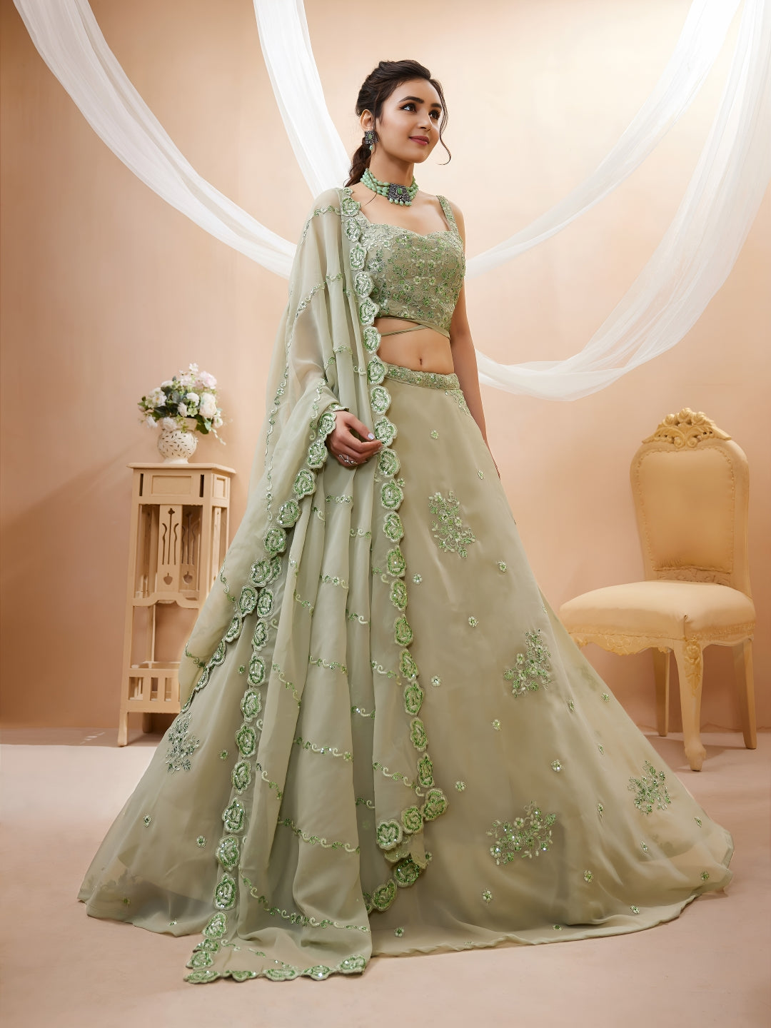 Georgette Zari, Sequin & Dori Embroidered Semi-Stitched Lehenga Choli
