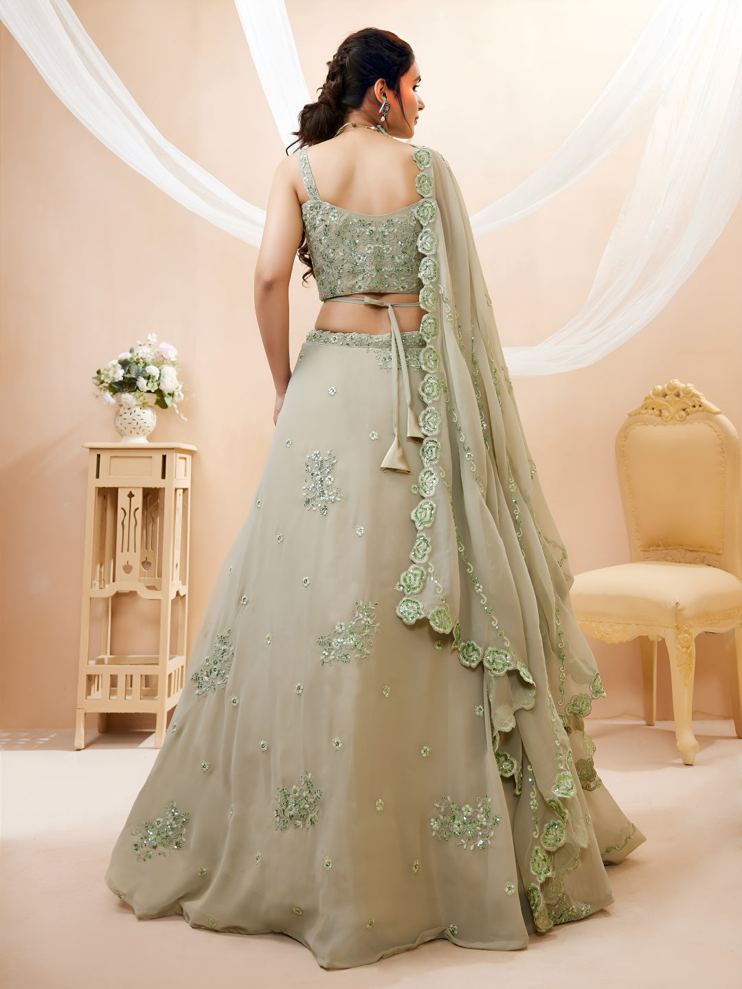 Georgette Zari, Sequin & Dori Embroidered Semi-Stitched Lehenga Choli