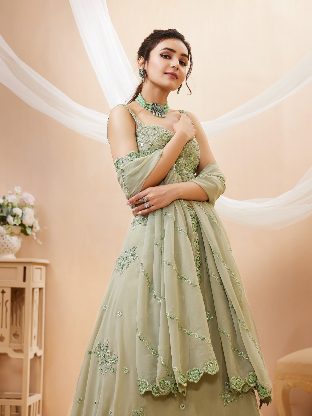 Georgette Zari, Sequin & Dori Embroidered Semi-Stitched Lehenga Choli