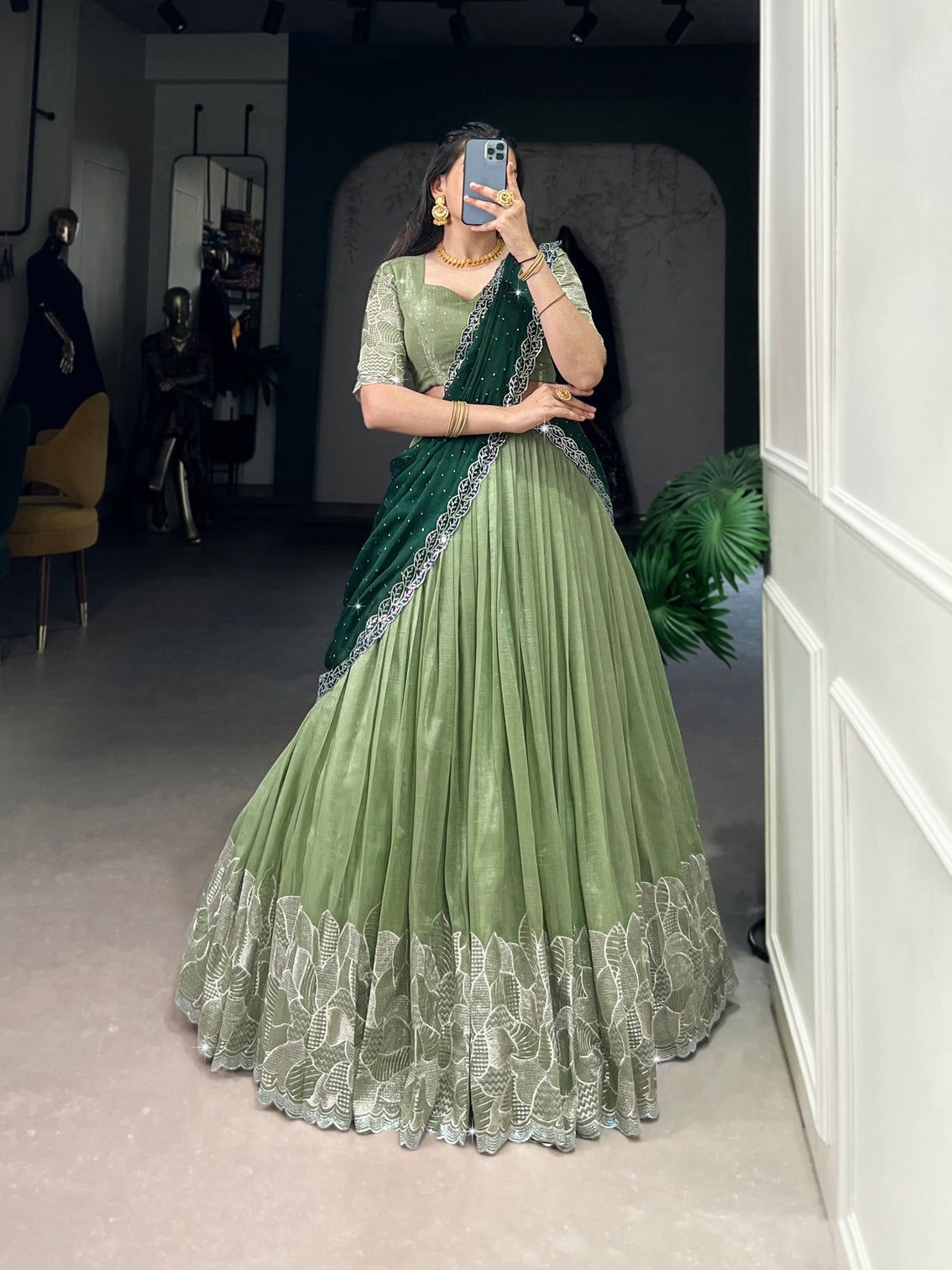 Pista Glamorous Silver Glossy Embroidered Lehenga Set with Hotfix Detailing