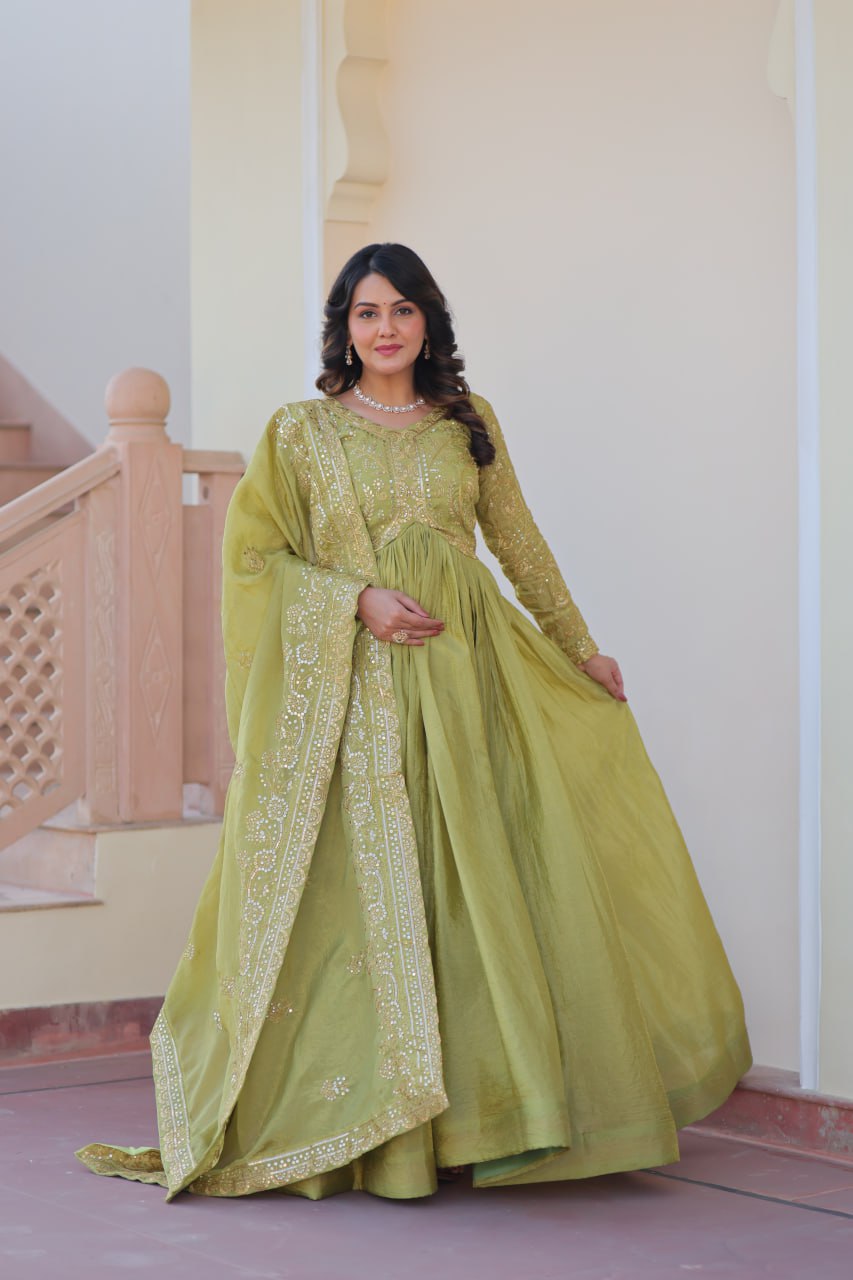 Pista Gold Crush Fabric Embroidered Gown Set with Matching Dupatta – Sequins & Multi Thread Work
