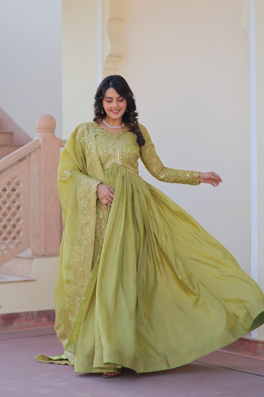 Pista Gold Crush Fabric Embroidered Gown Set with Matching Dupatta – Sequins & Multi Thread Work