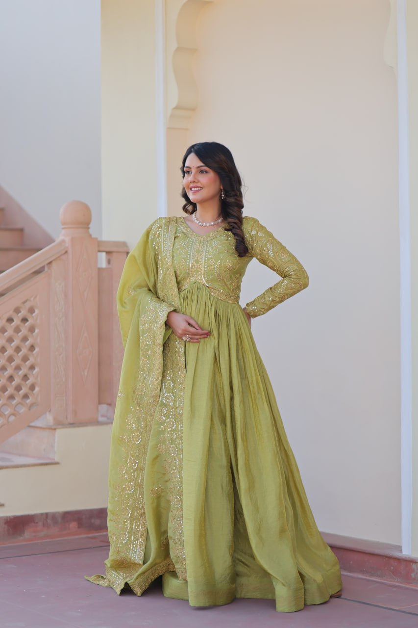 Pista Gold Crush Fabric Embroidered Gown Set with Matching Dupatta – Sequins & Multi Thread Work