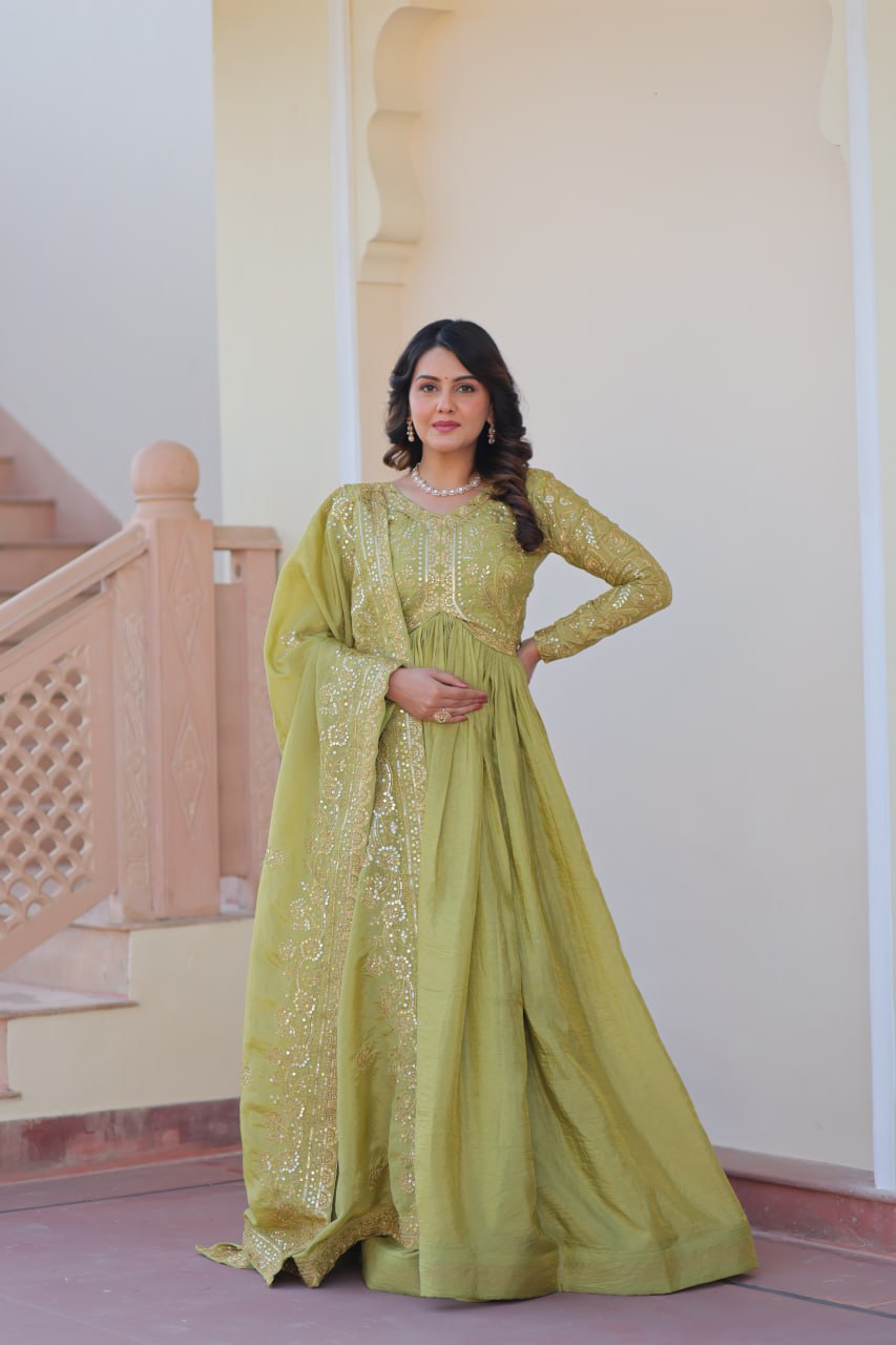 Pista Gold Crush Fabric Embroidered Gown Set with Matching Dupatta – Sequins & Multi Thread Work