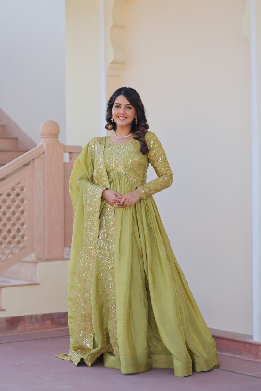 Pista Gold Crush Fabric Embroidered Gown Set with Matching Dupatta – Sequins & Multi Thread Work