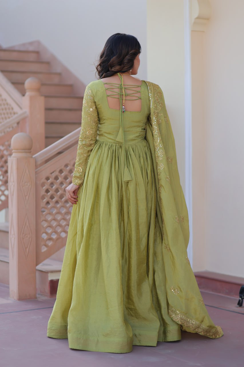 Pista Gold Crush Fabric Embroidered Gown Set with Matching Dupatta – Sequins & Multi Thread Work