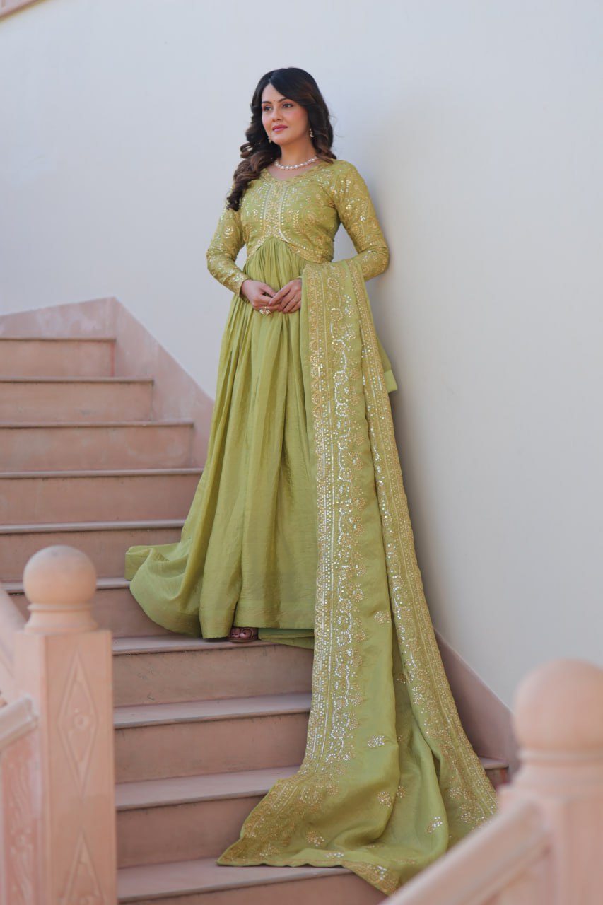 Pista Gold Crush Fabric Embroidered Gown Set with Matching Dupatta – Sequins & Multi Thread Work