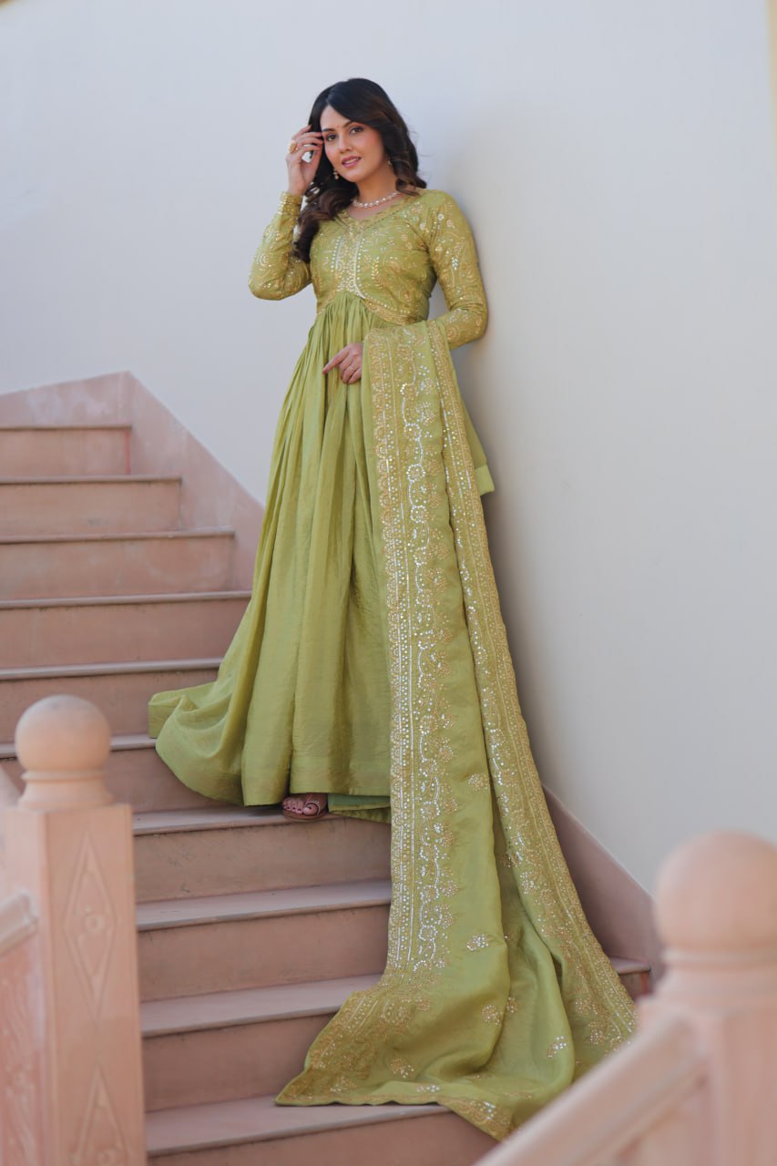 Pista Gold Crush Fabric Embroidered Gown Set with Matching Dupatta – Sequins & Multi Thread Work