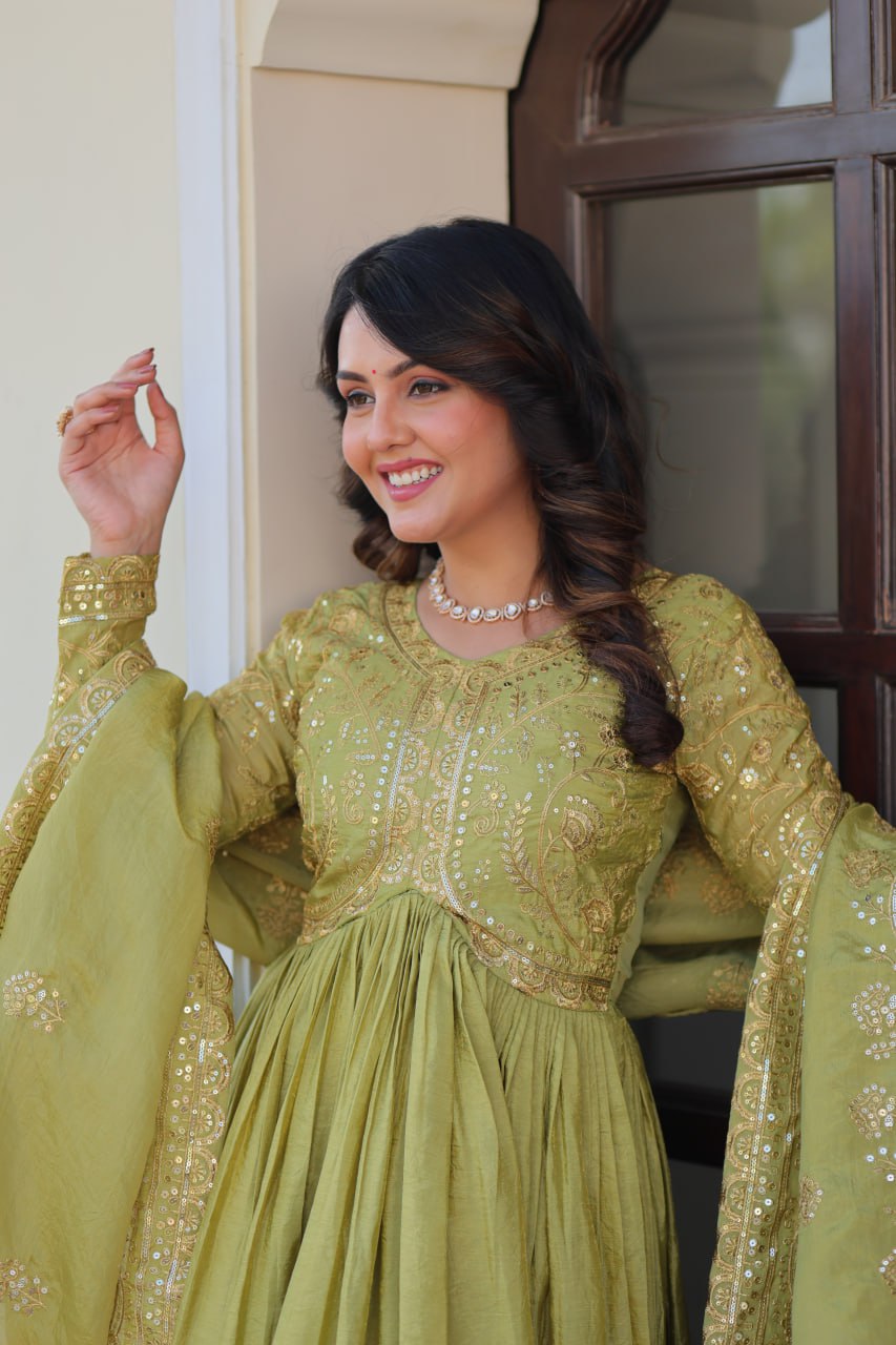 Pista Gold Crush Fabric Embroidered Gown Set with Matching Dupatta – Sequins & Multi Thread Work