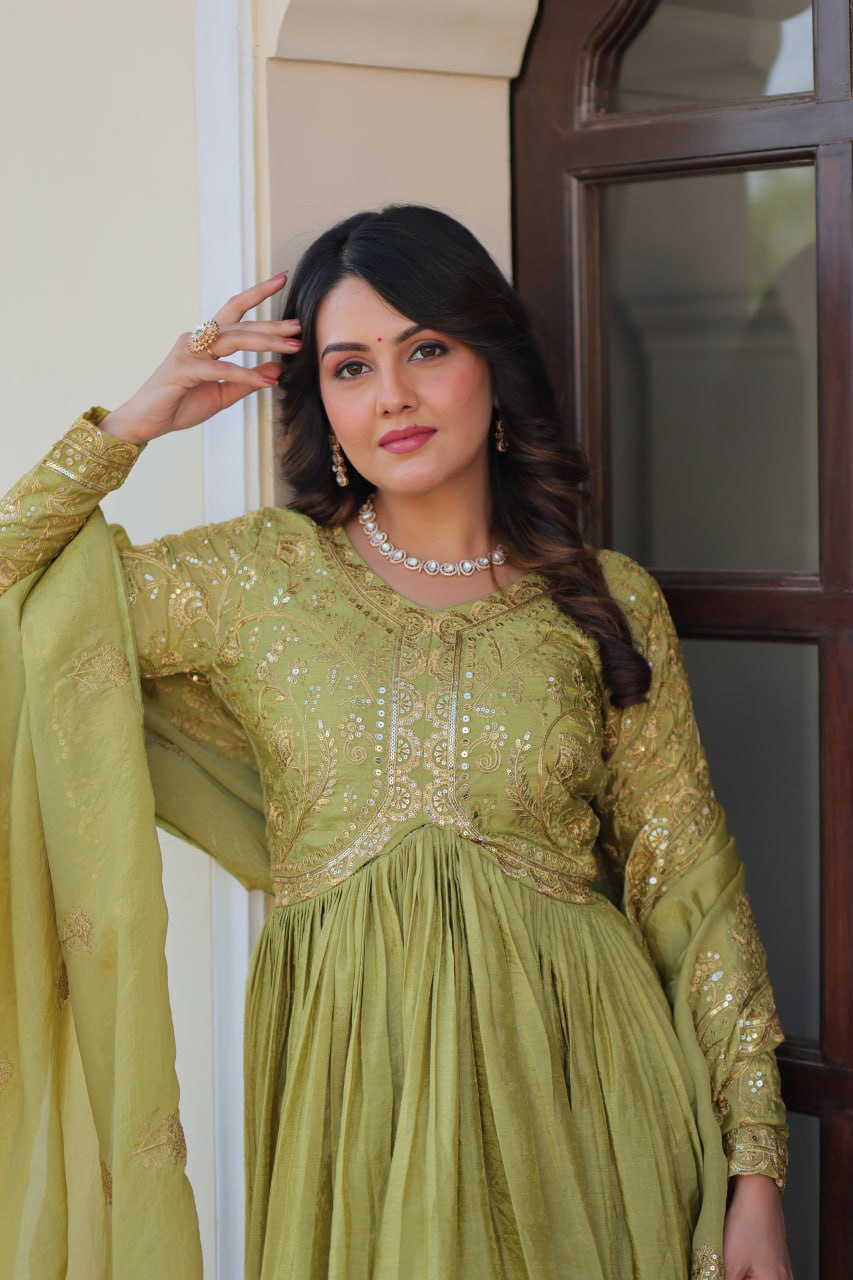 Pista Gold Crush Fabric Embroidered Gown Set with Matching Dupatta – Sequins & Multi Thread Work