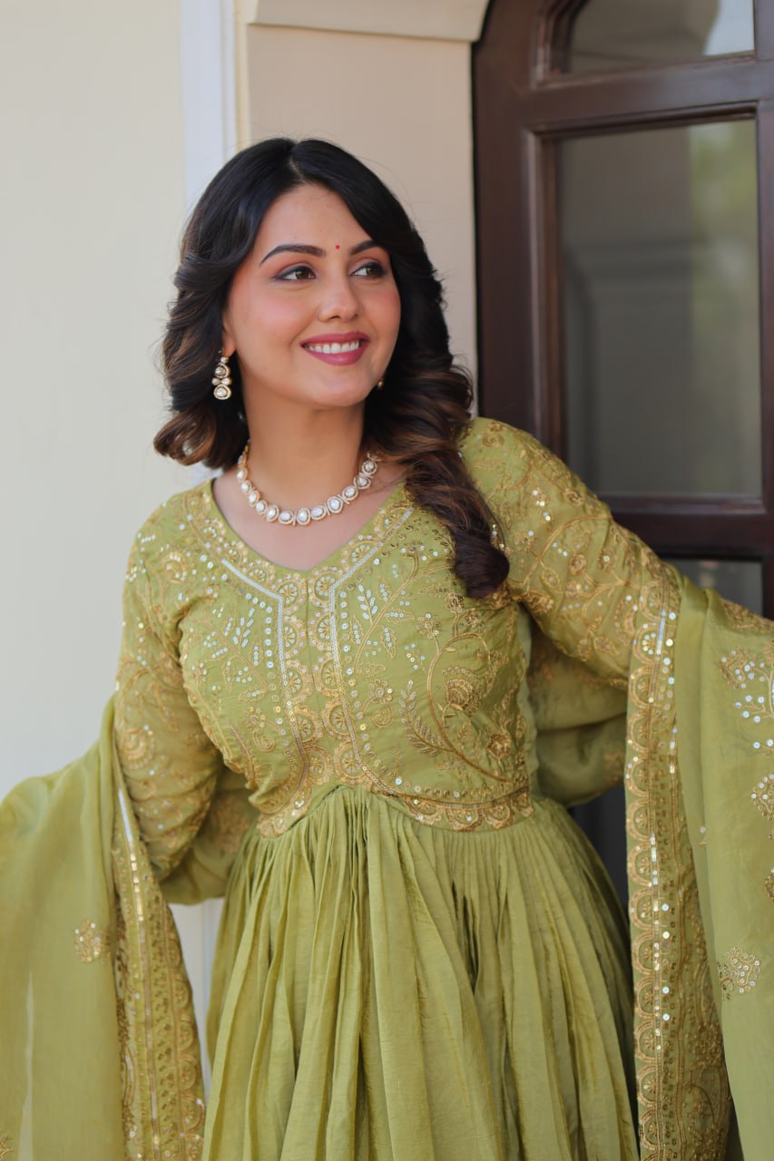 Pista Gold Crush Fabric Embroidered Gown Set with Matching Dupatta – Sequins & Multi Thread Work