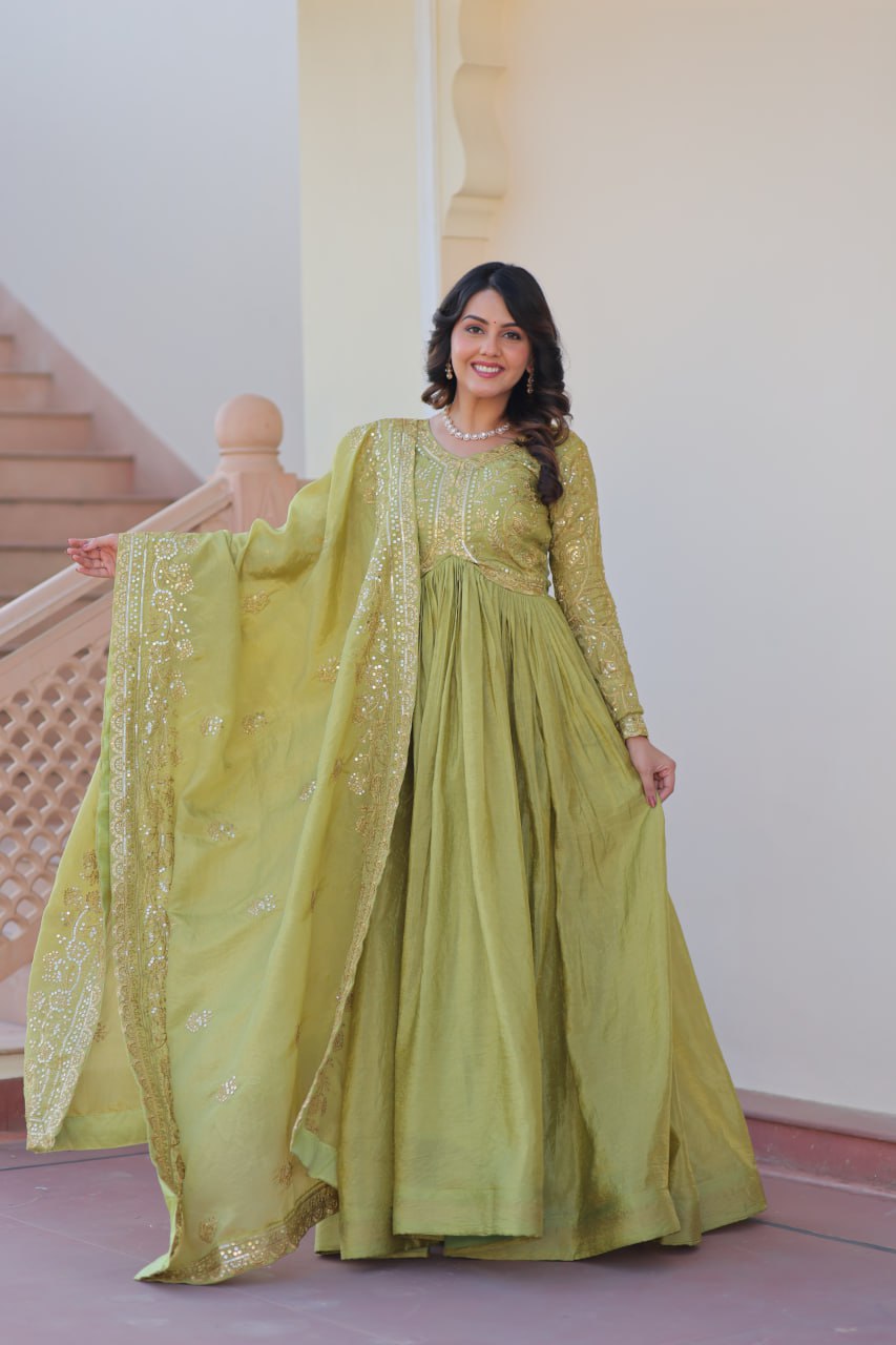 Pista Gold Crush Fabric Embroidered Gown Set with Matching Dupatta – Sequins & Multi Thread Work
