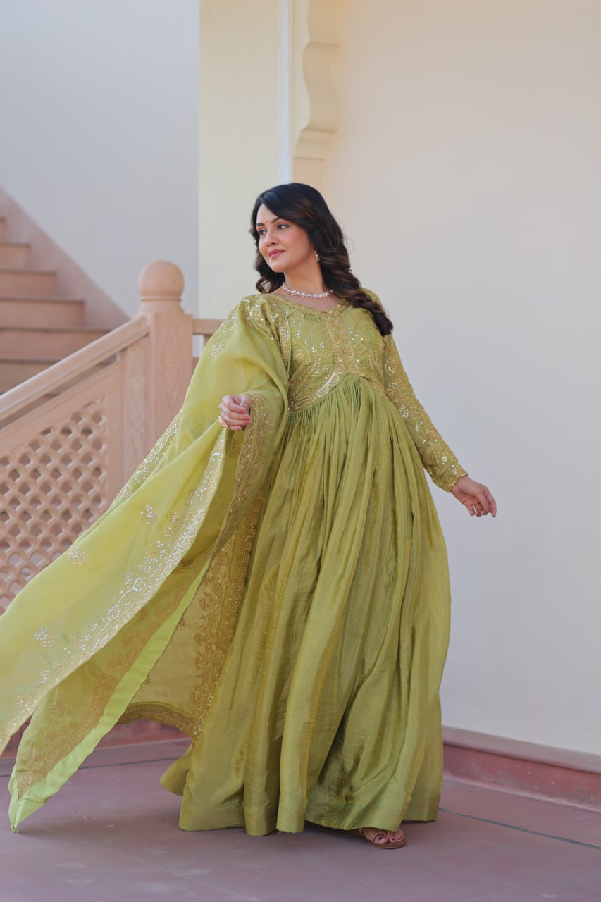 Pista Gold Crush Fabric Embroidered Gown Set with Matching Dupatta – Sequins & Multi Thread Work
