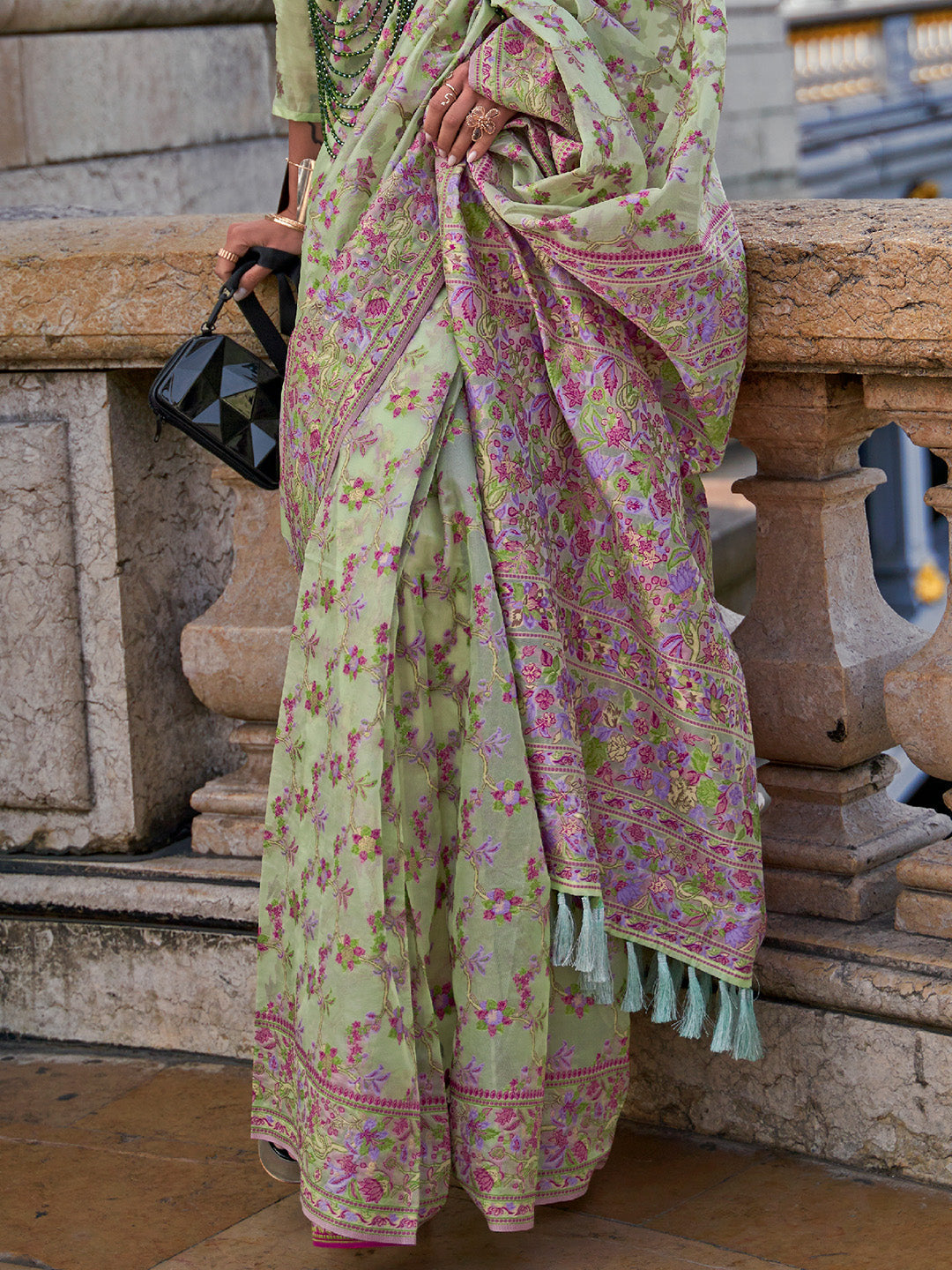 Pista Graceful Organza Silk Parsi Handloom Weaving Saree with Blouse Piece
